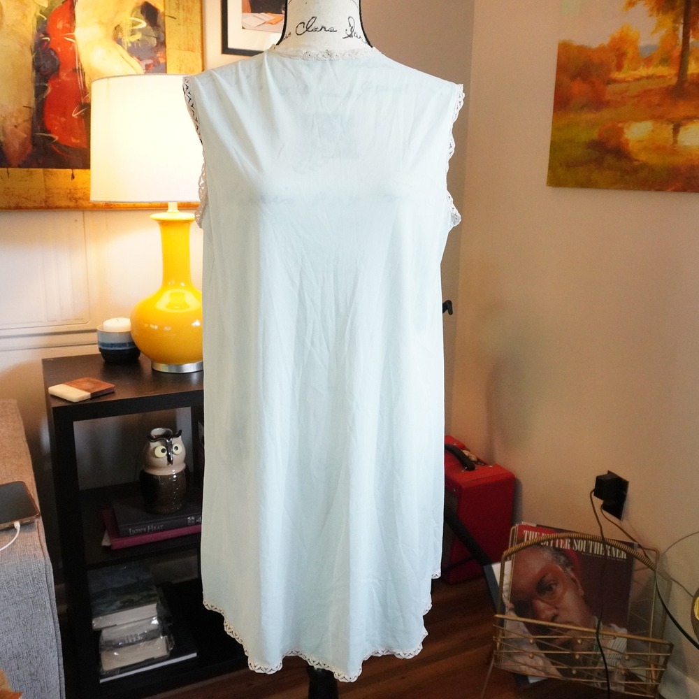 Vintage Lace Trim Nightgown Sleeveless Lingerie Sleepwear Light‎ Blue Size XL